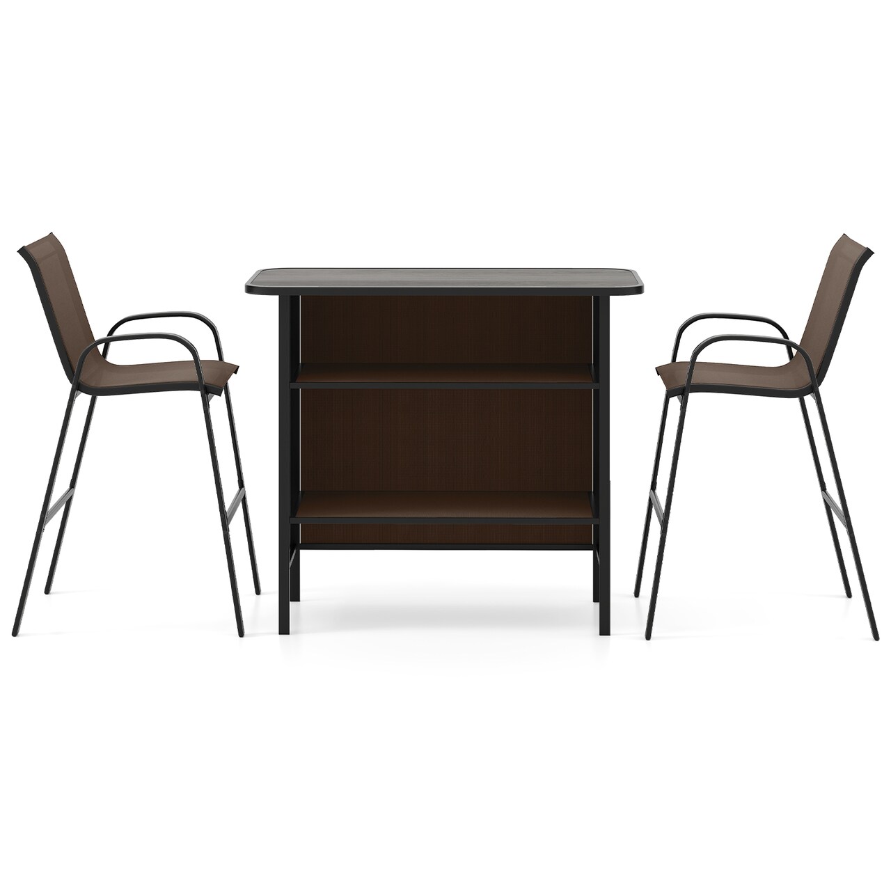 Coffee Outdoor Patio Bar Set with Storage 3 Piece Metal Fabric Bar Table and Chairs Ergonomic